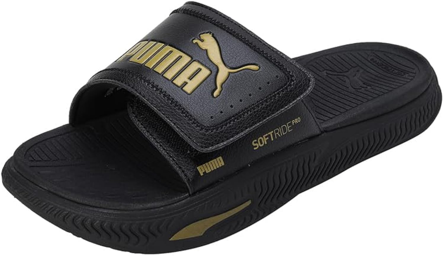 Side view of PUMA Men's Lifestyle Sandals, showcasing the adjustable straps, cushioned footbed, and iconic PUMA logo, designed for comfort and style in warm-weather activities.