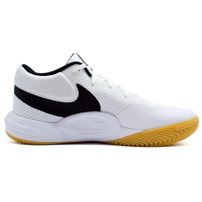 A side-angle view of Nike HyperQuick indoor unisex footwear showcasing the breathable upper responsive cushioning and durable outsole designed for court performance placed on a clean background.