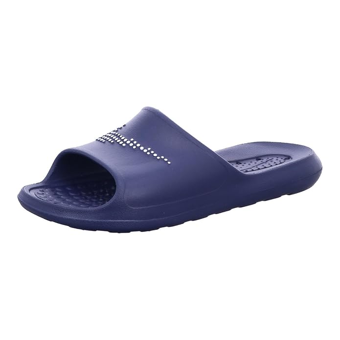 The NIKE VICTORI ONE SHOWER SLIDE in a vibrant blue with the Nike Swoosh logo, designed for maximum comfort and easy wear.