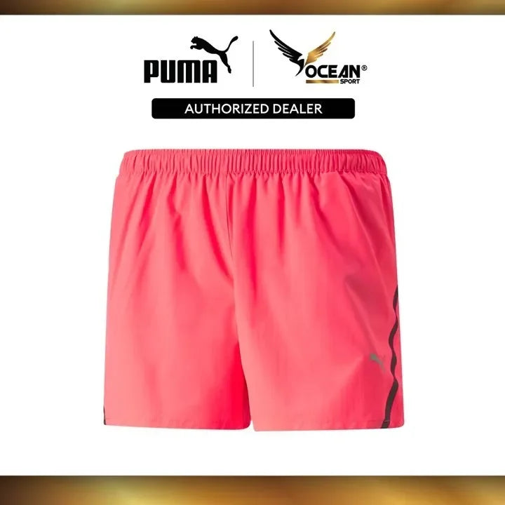 Side view of PUMA Women's Running Shorts, showcasing the lightweight fabric, elastic waistband, and signature PUMA logo for a stylish and functional running look.