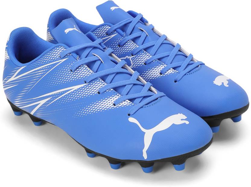 Side view of PUMA Men's Soccer Lace-Up Sneakers, highlighting the breathable upper, responsive midsole, durable outsole, and iconic PUMA logo, designed for comfort and performance on the soccer field.