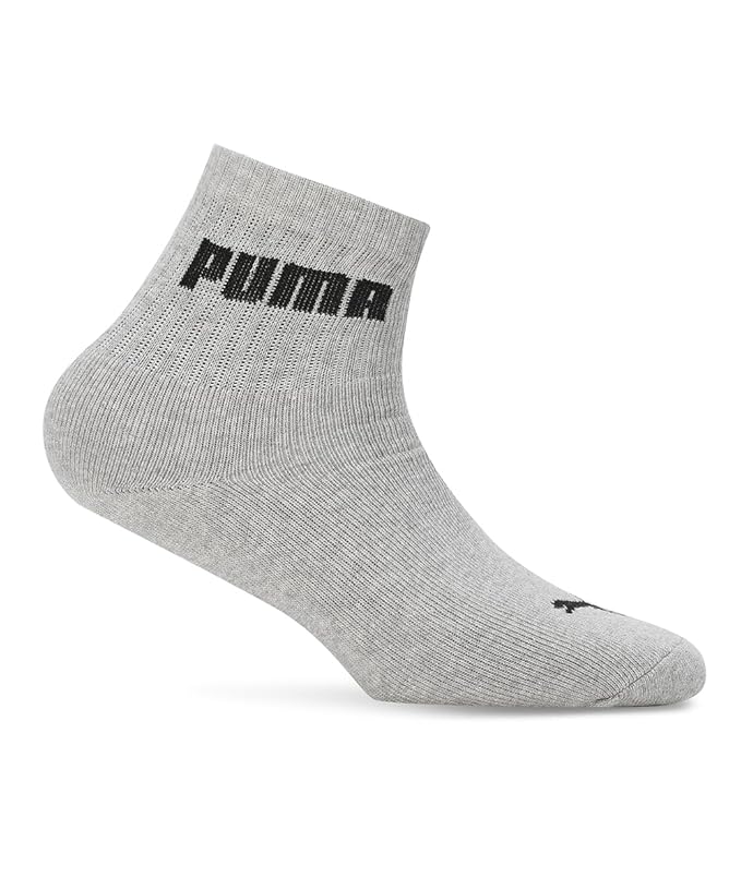 Close-up view of PUMA Sport Quarter Socks in Medium Gray Heather featuring a quarter-length design with the logo, displayed flat on a neutral background.