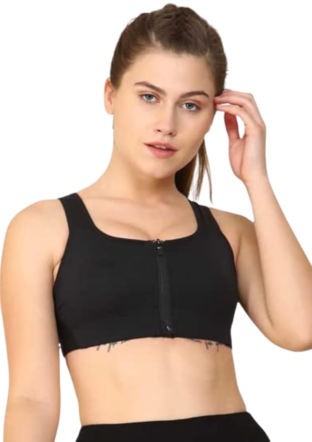 Close-up view of the NIKE AS Shape Zip Bra in black, highlighting the zip-up front design and sleek, breathable fabric for a supportive, secure fit.