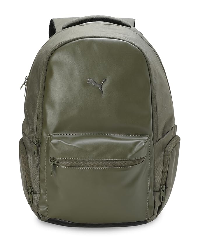 Front view of PUMA Men's Lifestyle Backpack, highlighting the spacious compartments, adjustable straps, and iconic PUMA logo, designed for style and practicality.