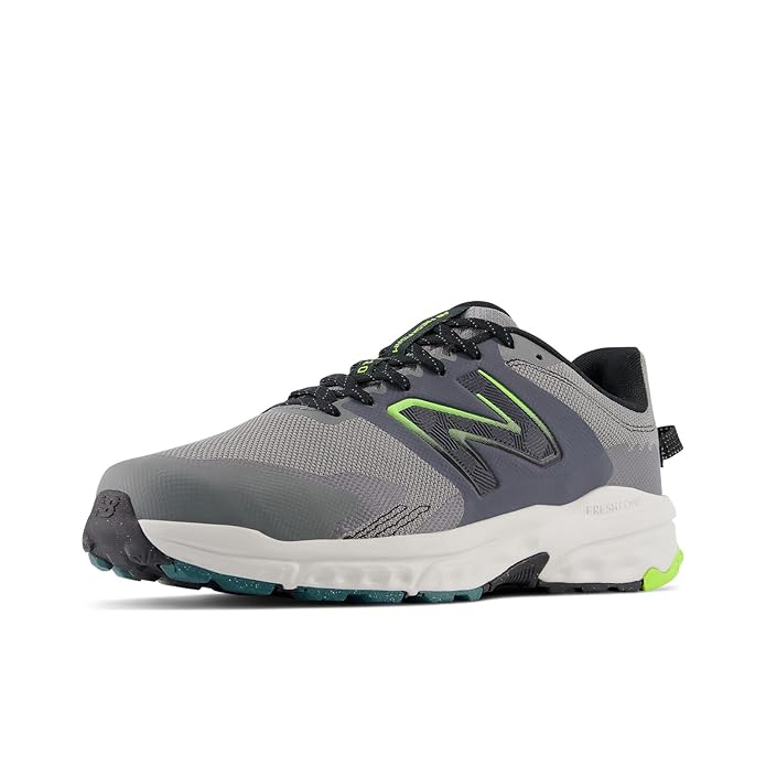 A side-angle view of New Balance men's running shoes highlighting the breathable mesh upper lace-up design and cushioned midsole placed on a clean background to emphasize their lightweight and athletic features.