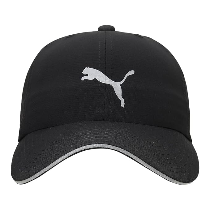 Front view of PUMA Unisex Running Cap III featuring a sleek design with the iconic logo and an adjustable strap, laid flat on a neutral background.