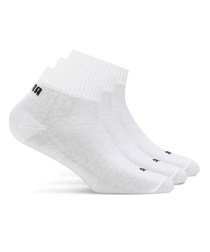 Close-up of PUMA Unisex Lifestyle PO3 Socks, highlighting the soft fabric, reinforced toe and heel areas, and the iconic PUMA logo, designed for comfort and durability in everyday wear.