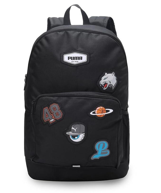 Front view of PUMA Men's Lifestyle Backpack, highlighting the spacious compartments, adjustable straps, and iconic PUMA logo, designed for style and practicality.