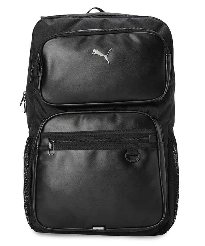 Front view of PUMA Men's Lifestyle Backpack, highlighting the spacious compartments, adjustable straps, and iconic PUMA logo, designed for style and practicality.