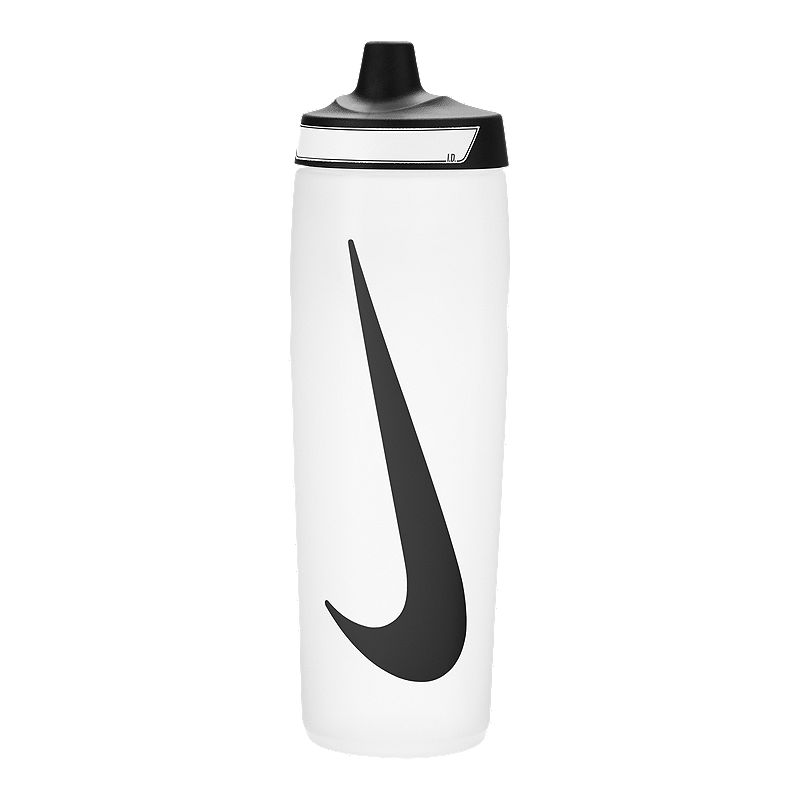 The image shows a sleek, unisex Nike soft plastic sipper with a spill-proof lid, featuring a lightweight design and the Nike logo.