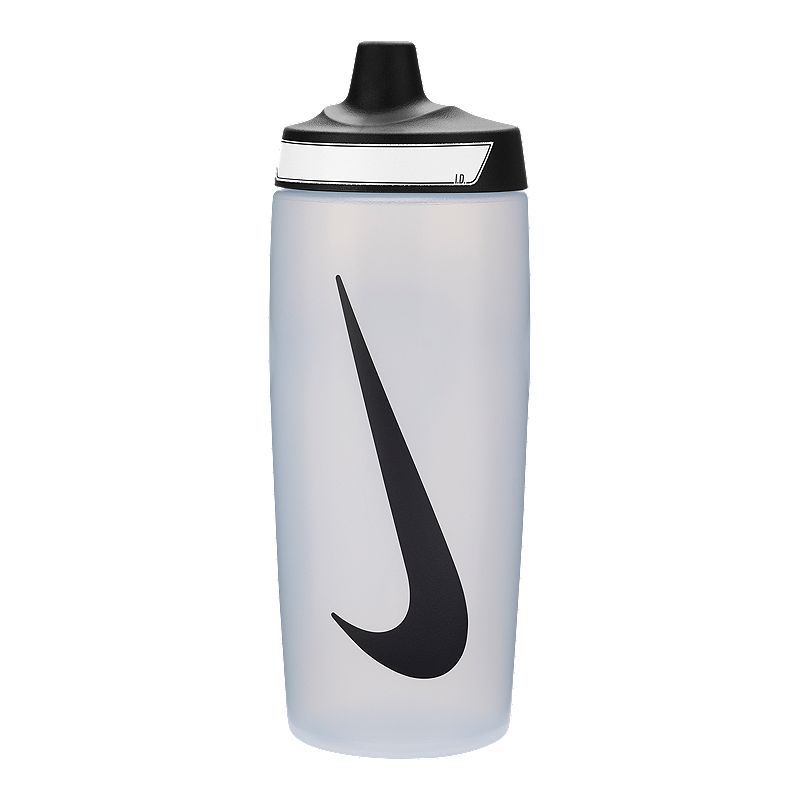 The image shows a sleek, unisex Nike soft plastic sipper with a spill-proof lid, featuring a lightweight design and the Nike logo.