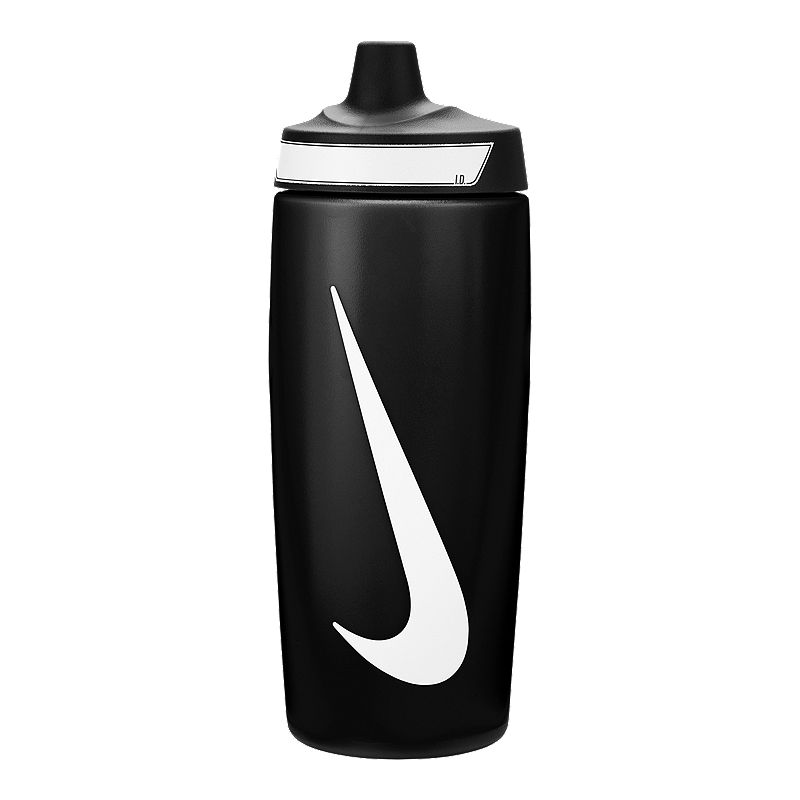 The image shows a sleek, unisex Nike soft plastic sipper with a spill-proof lid, featuring a lightweight design and the Nike logo.