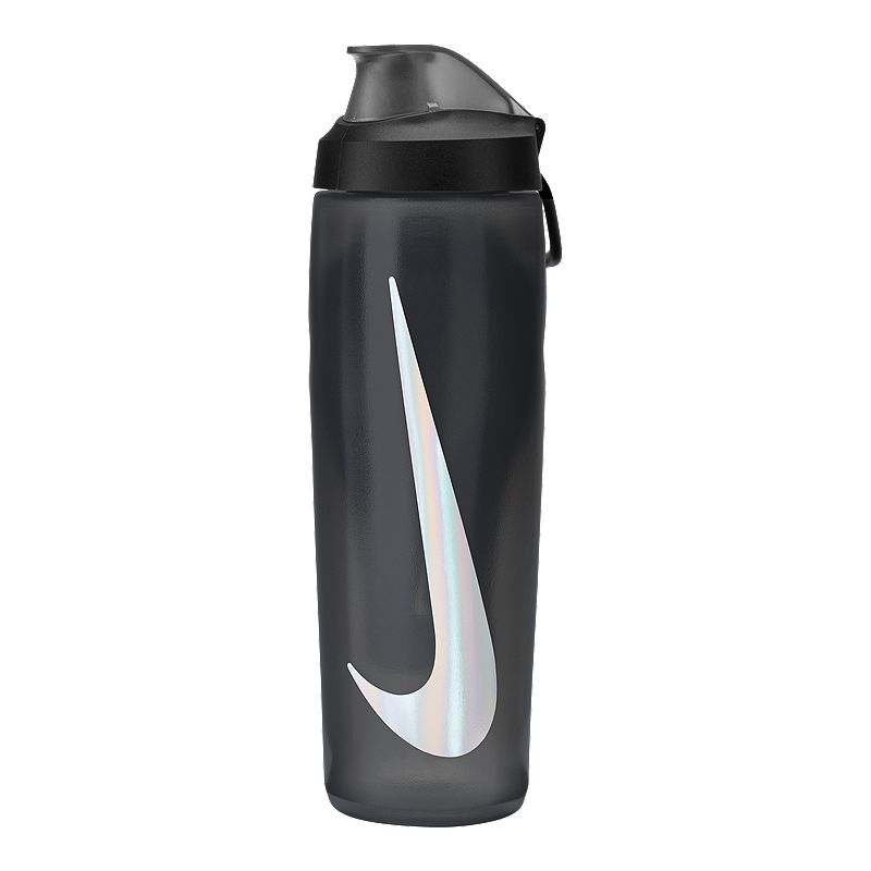 The image shows a sleek, unisex Nike soft plastic sipper with a spill-proof lid, featuring a lightweight design and the Nike logo.