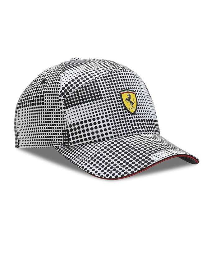 Front view of the PUMA Ferrari Camo BB Cap in White-AOP, highlighting the bold camouflage design, adjustable strap, and the iconic Ferrari logo.