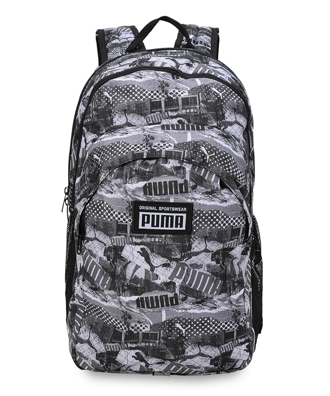 Front view of PUMA Unisex Backpack, showcasing the spacious main compartment, adjustable straps, padded back panel, and iconic PUMA logo, designed for everyday use and comfort.