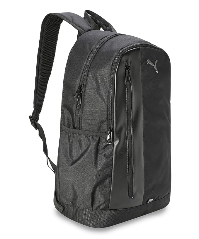 Front view of PUMA Men's Lifestyle Backpack, highlighting the spacious compartments, adjustable straps, and iconic PUMA logo, designed for style and practicality.