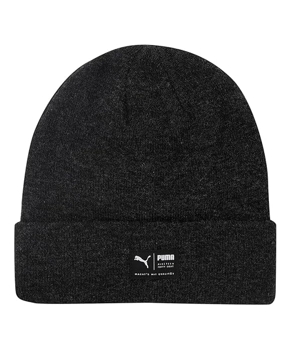 Side view of the PUMA ARCHIVE Heather Beanie Black, showcasing the heathered knit fabric, snug fit, and the logo on the cuff, displayed against a neutral background.