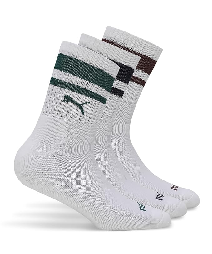 Set of three PUMA Heritage Stripe Short Crew Socks in White featuring bold stripes and the logo, neatly displayed on a neutral background.