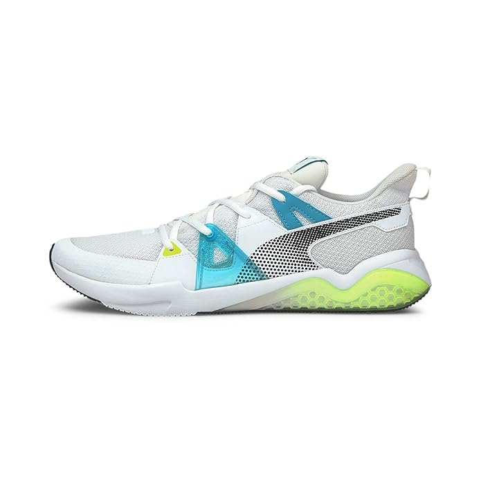 Side view of the PUMA Cell Fraction Fade Men Shoe, highlighting the bold fade design from White to Scuba Blue, CELL technology, and durable outsole for added comfort and support.