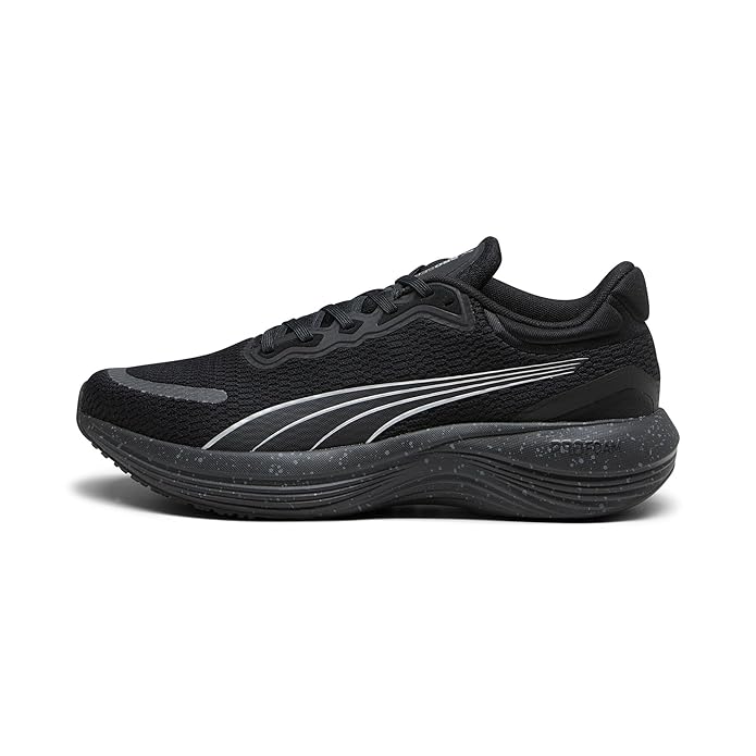 Side view of PUMA Men's Running Lace-Up Sneakers, showcasing the breathable upper, cushioned midsole, durable outsole, and iconic PUMA logo, designed for comfort and performance in running.