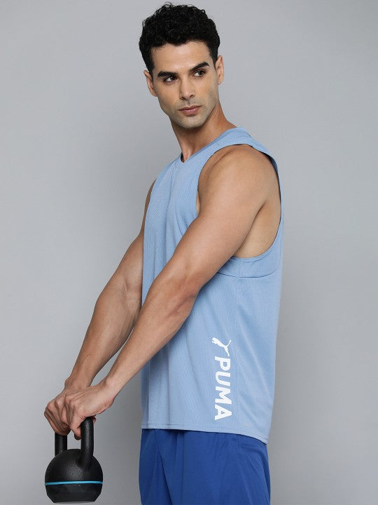 Front view of PUMA Men's Running Tank, showcasing the lightweight, breathable fabric, moisture-wicking features, and signature PUMA logo for running and active wear.