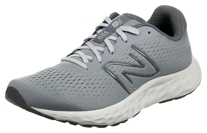 A side-angle view of New Balance men's running shoes highlighting the breathable mesh upper lace-up design and cushioned midsole placed on a clean background to emphasize their lightweight and athletic features.