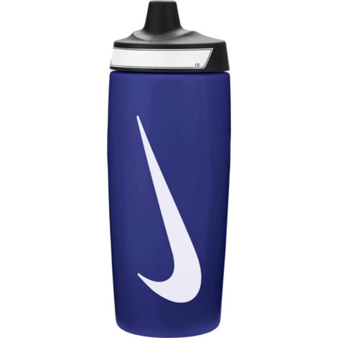 The image shows a sleek, unisex Nike soft plastic sipper with a spill-proof lid, featuring a lightweight design and the Nike logo.