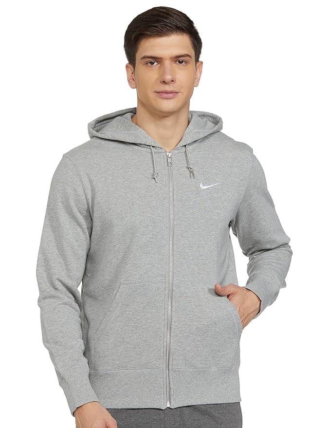 Front view of the NIKE AS Classic FZ FT Hoody in grey, featuring a full-zip design with adjustable hood and front pockets for a sporty, comfortable fit.