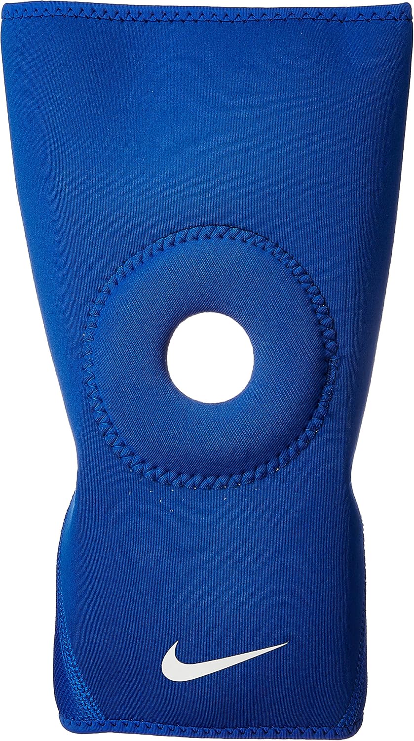 The image shows a unisex Nike knee sleeve snugly fitted on a knee, emphasizing its supportive and flexible design.