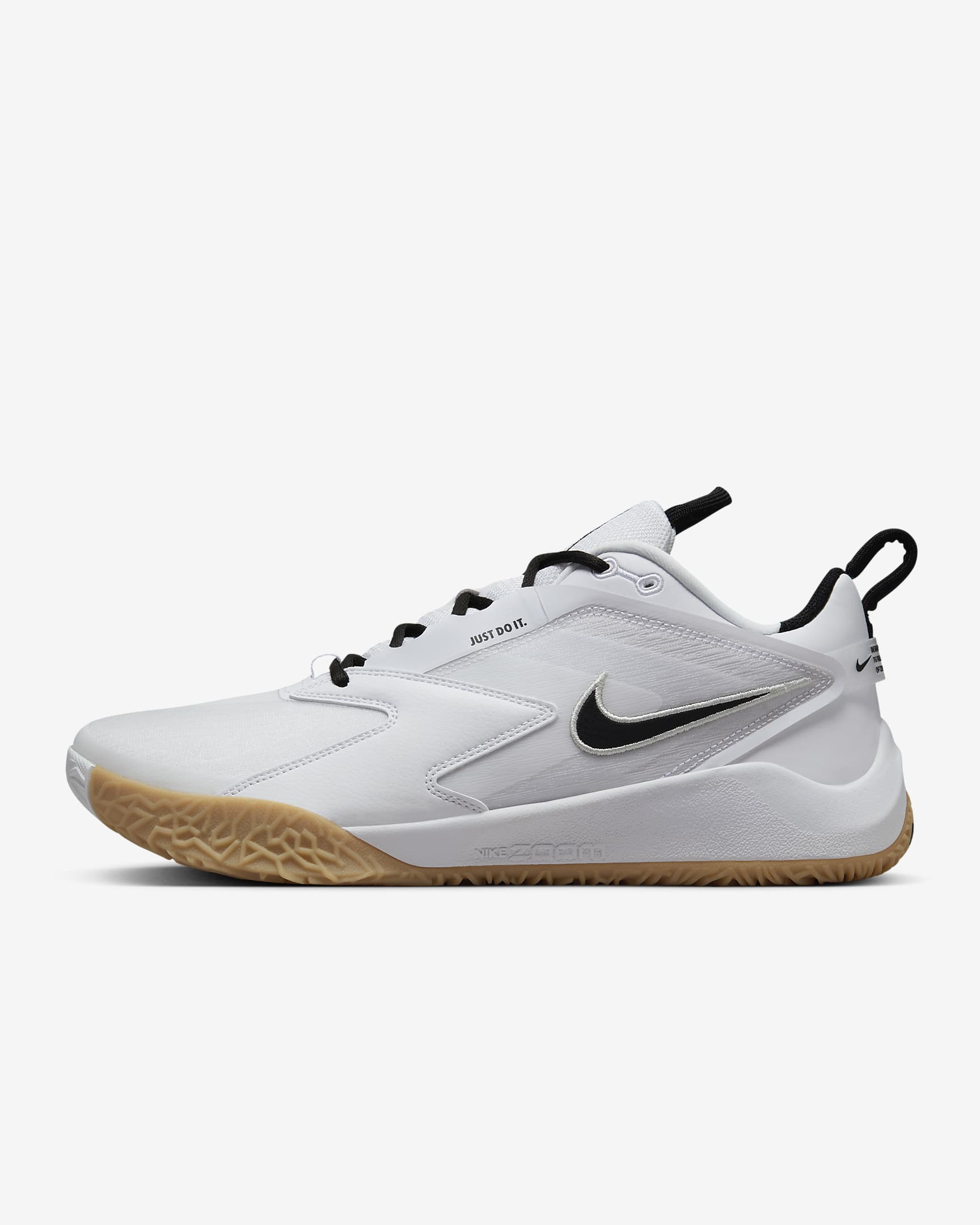 A side-angle view of Nike Air Zoom HyperAce 3 indoor unisex footwear showcasing the breathable upper Zoom Air cushioning and durable outsole designed for court performance placed on a clean background.