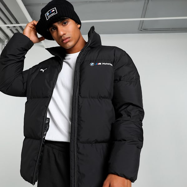 Front view of PUMA Men's Winter Jacket, highlighting the insulated design, sleek fit, and signature PUMA logo, ideal for cold-weather wear.