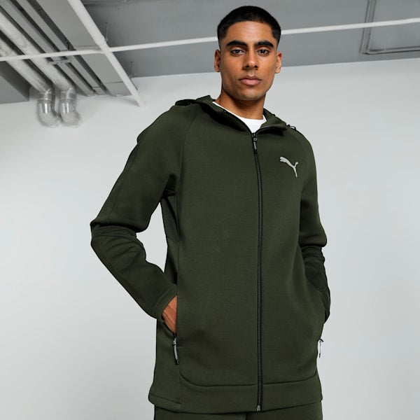 Front view of PUMA Men's Hoodie, showcasing the cozy fit, adjustable hood, and iconic PUMA logo for a stylish winter look.