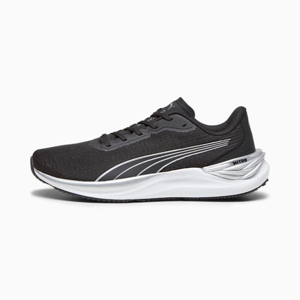 Side view of PUMA Men's Running Lace-Up Sneakers, showcasing the breathable upper, cushioned midsole, durable outsole, and iconic PUMA logo, designed for comfort and performance in running.