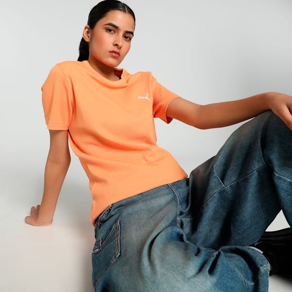 Front view of PUMA Women's Crew, showcasing the relaxed fit, soft fabric, and signature PUMA logo for a stylish and comfortable casual look.