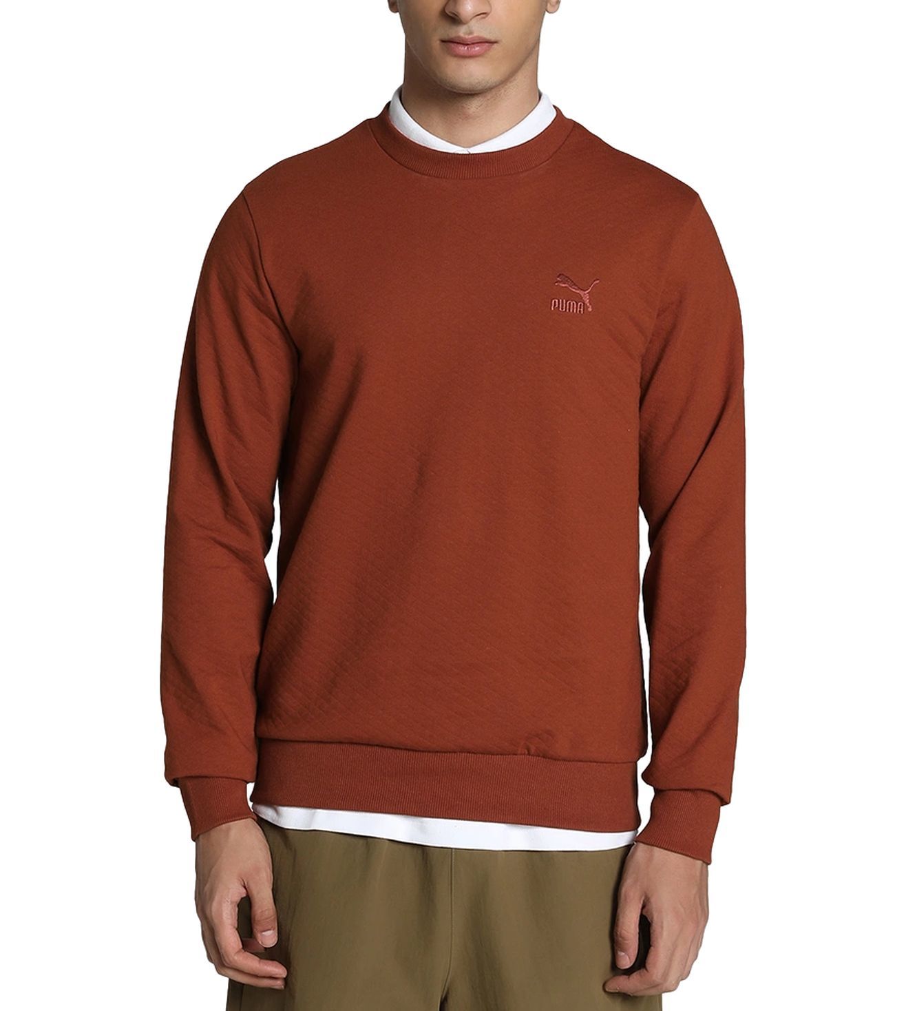 Front view of PUMA Men's Sweatshirt, showcasing the relaxed fit, soft fabric, and iconic PUMA logo for a modern and comfortable lifestyle look.