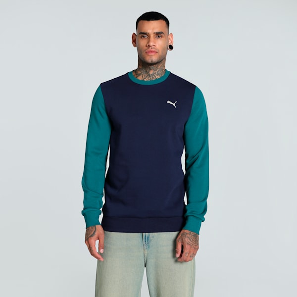 Front view of PUMA Men's Sweatshirt, showcasing the relaxed fit, soft fabric, and iconic PUMA logo for a modern and comfortable lifestyle look.