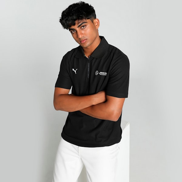 Front view of PUMA Men's Polo, showcasing the classic design, breathable fabric, and signature PUMA branding for a stylish and casual look.