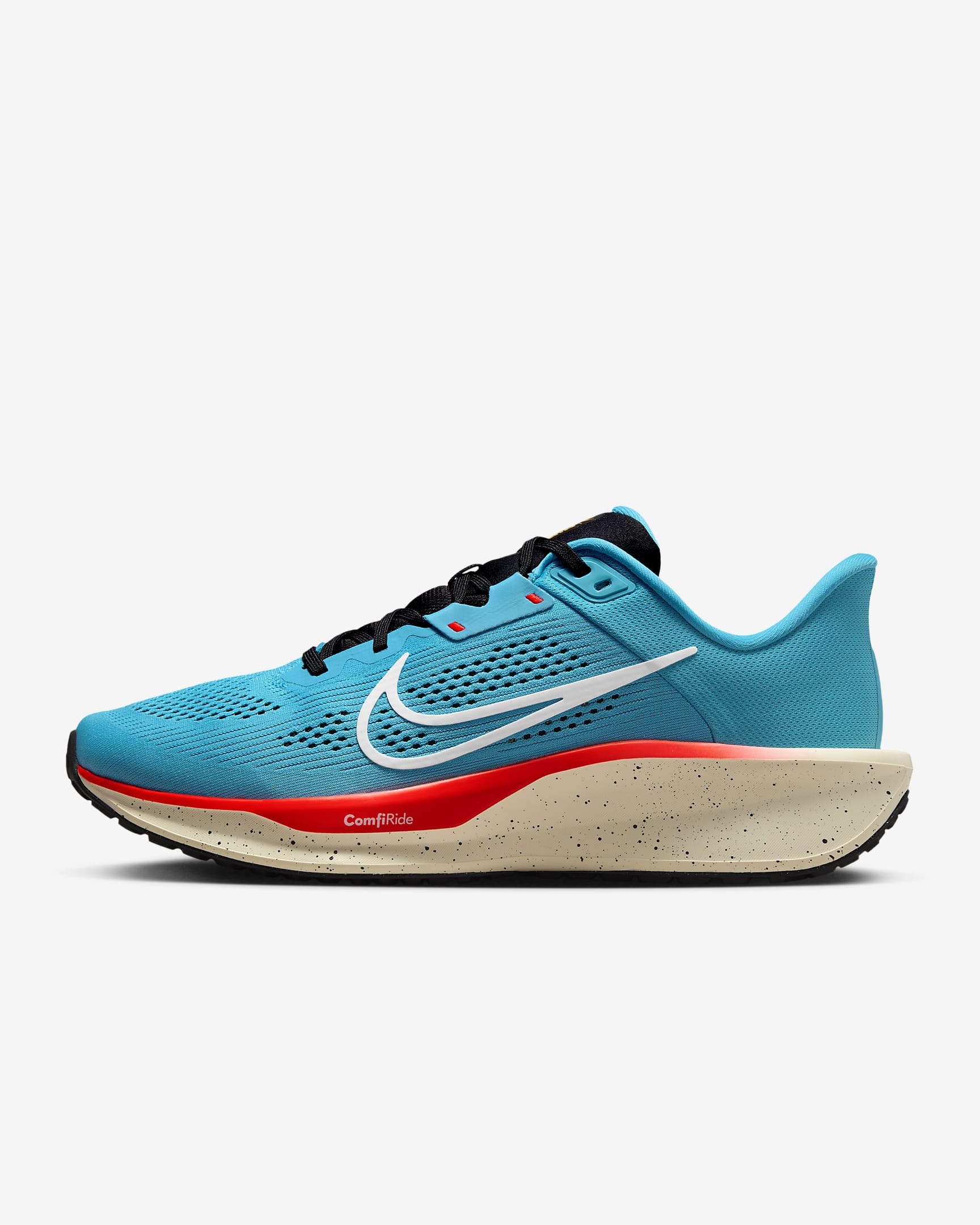 A dynamic side-angle view of Nike men’s lace-up running shoes highlighting the streamlined design, cushioned midsole, and bold Nike swoosh, set against a clean, sporty background