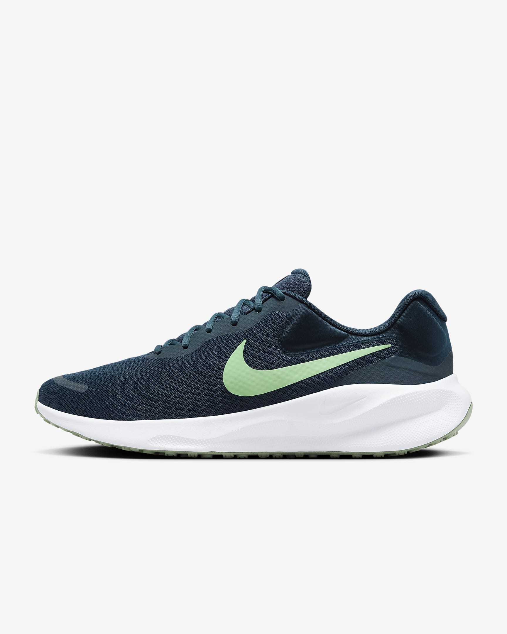 A dynamic side-angle view of Nike men’s lace-up running shoes highlighting the streamlined design, cushioned midsole, and bold Nike swoosh, set against a clean, sporty background