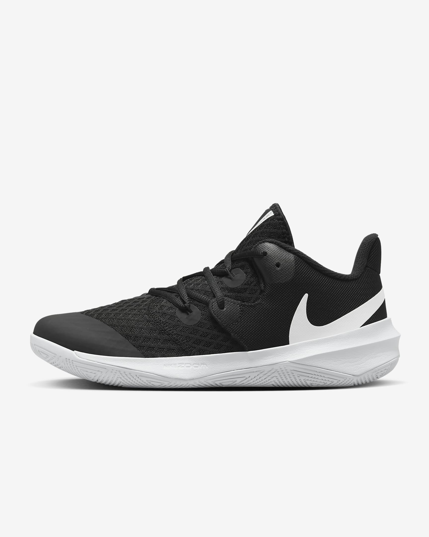 A side-angle view of Nike Zoom Hyperspeed Court women's indoor footwear showcasing the breathable upper Zoom Air cushioning and durable outsole designed for court agility placed on a clean background.