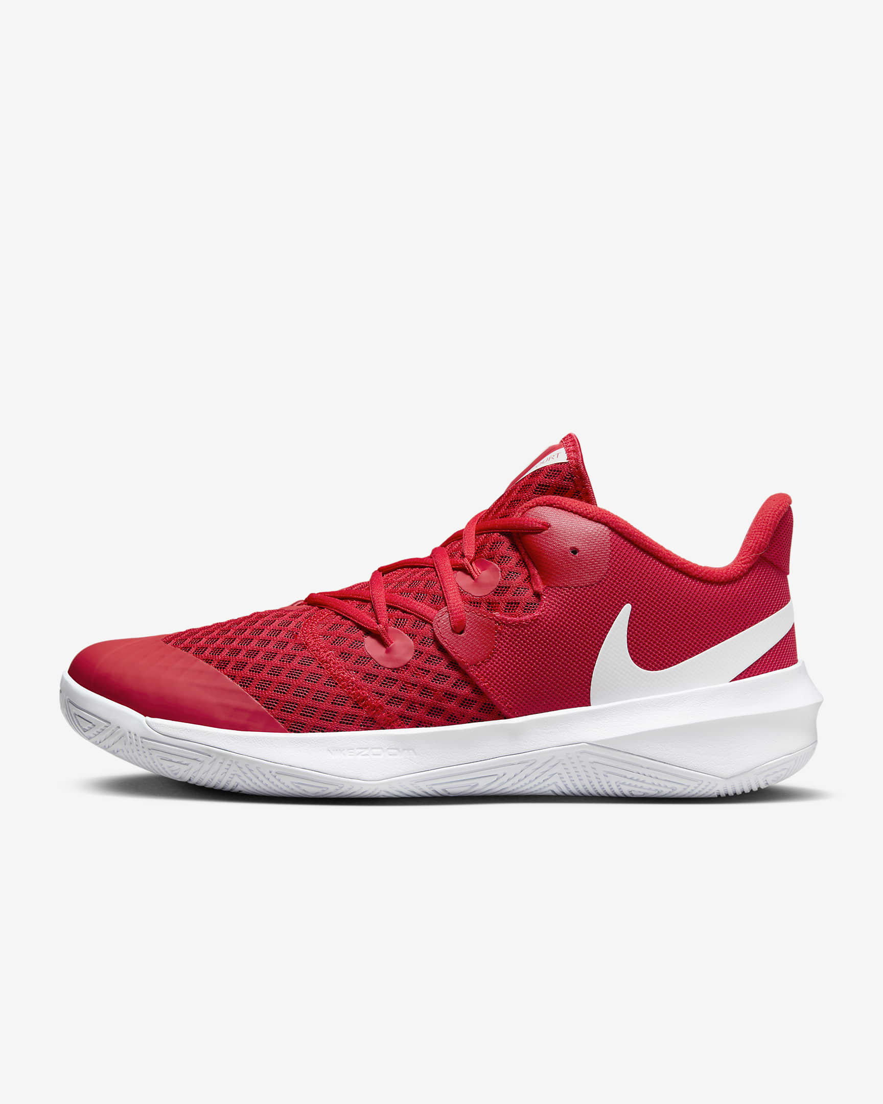 A side-angle view of Nike Zoom Hyperspeed Court women's indoor footwear showcasing the breathable upper Zoom Air cushioning and durable outsole designed for court agility placed on a clean background.