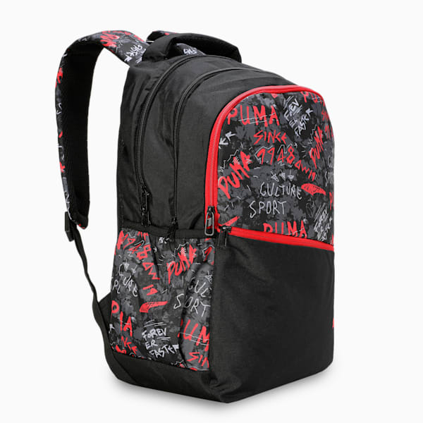 Side view of PUMA Unisex Lifestyle Bag, showcasing the spacious compartments, adjustable straps, and PUMA logo, designed for style and practicality in everyday use.