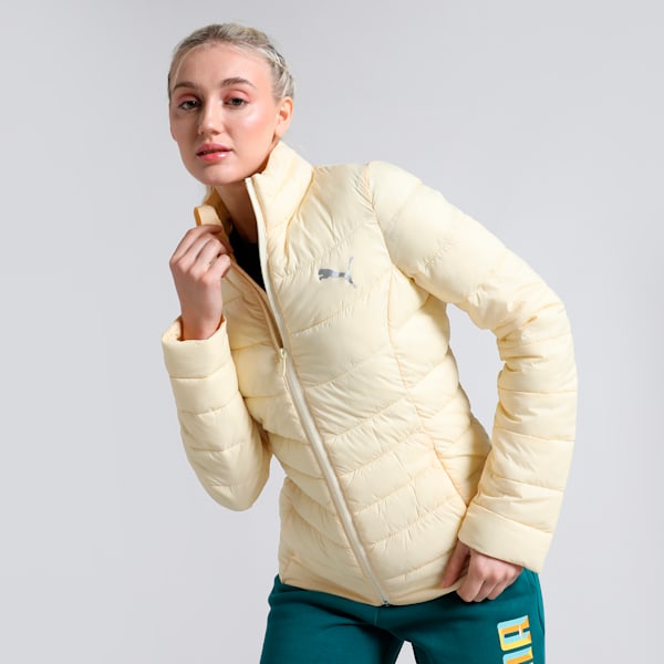 Front view of PUMA Women's Winter Jacket, showcasing the insulated fabric, modern design, and signature PUMA logo for a sleek and stylish winter look.