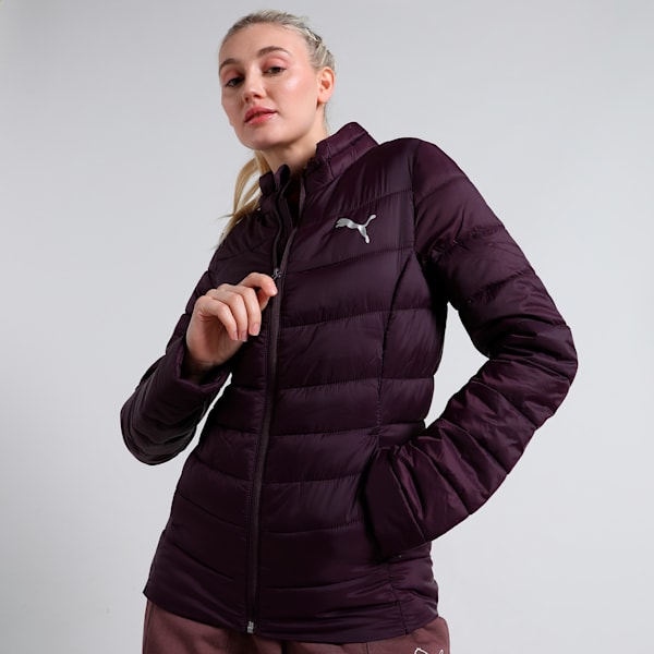 Front view of PUMA Women's Winter Jacket, showcasing the insulated fabric, modern design, and signature PUMA logo for a sleek and stylish winter look.