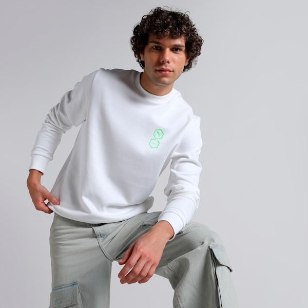 Front view of PUMA Men's Sweatshirt, showcasing the relaxed fit, soft fabric, and iconic PUMA logo for a modern and comfortable lifestyle look.