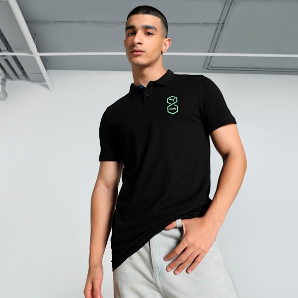 Front view of PUMA Men's Polo, showcasing the classic design, breathable fabric, and signature PUMA branding for a stylish and casual look.