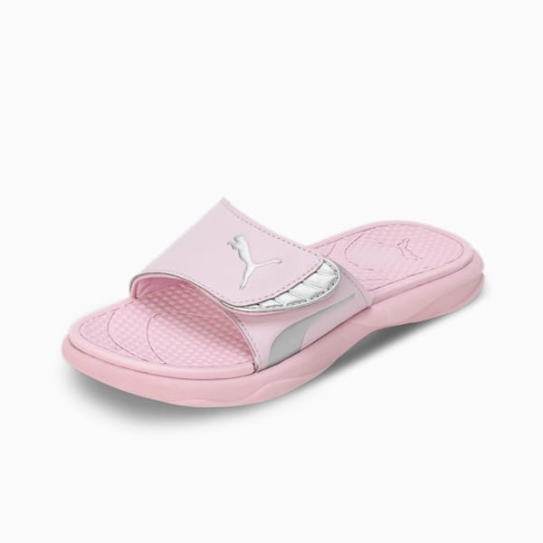 Side view of PUMA Women's Slippers, showcasing the soft plush interior, non-slip outsole, and iconic PUMA logo, designed for comfort and stability during indoor wear.