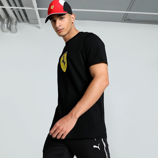 A bold men's crewneck tee featuring a large Ferrari Shield logo, soft breathable fabric, and a comfortable fit for everyday motorsport-inspired style