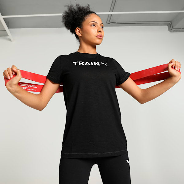 Front view of PUMA Women's Training Crew, showcasing the soft fabric, relaxed fit, ribbed cuffs, and signature PUMA logo, ideal for both workouts and casual wear.