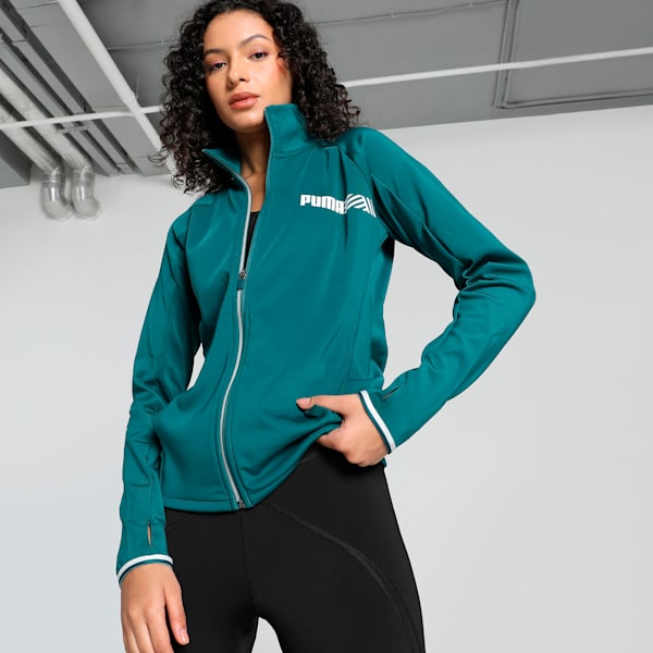 Front view of PUMA Women's Winter Jacket, showcasing the insulated fabric, modern design, and signature PUMA logo for a sleek and stylish winter look.